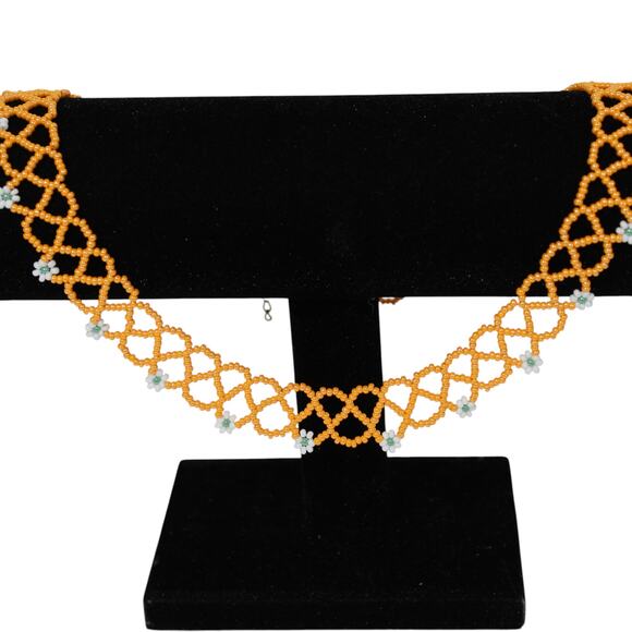 Handmade Collar Length Beaded Necklace Orange & White - Picture 4 of 6